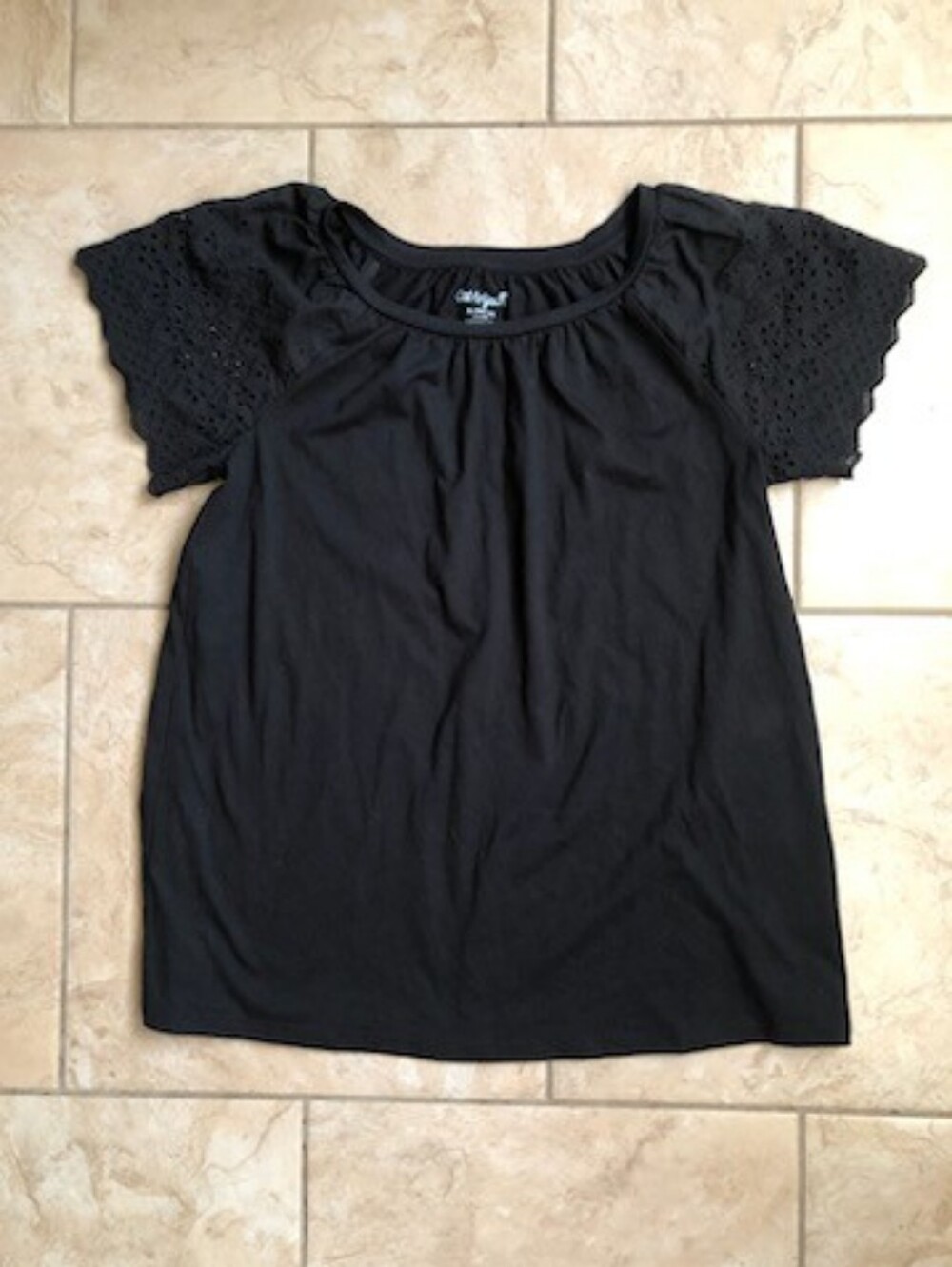 Cat & Jack Black Short Sleeve Top with Eyelet Laced Sleeves